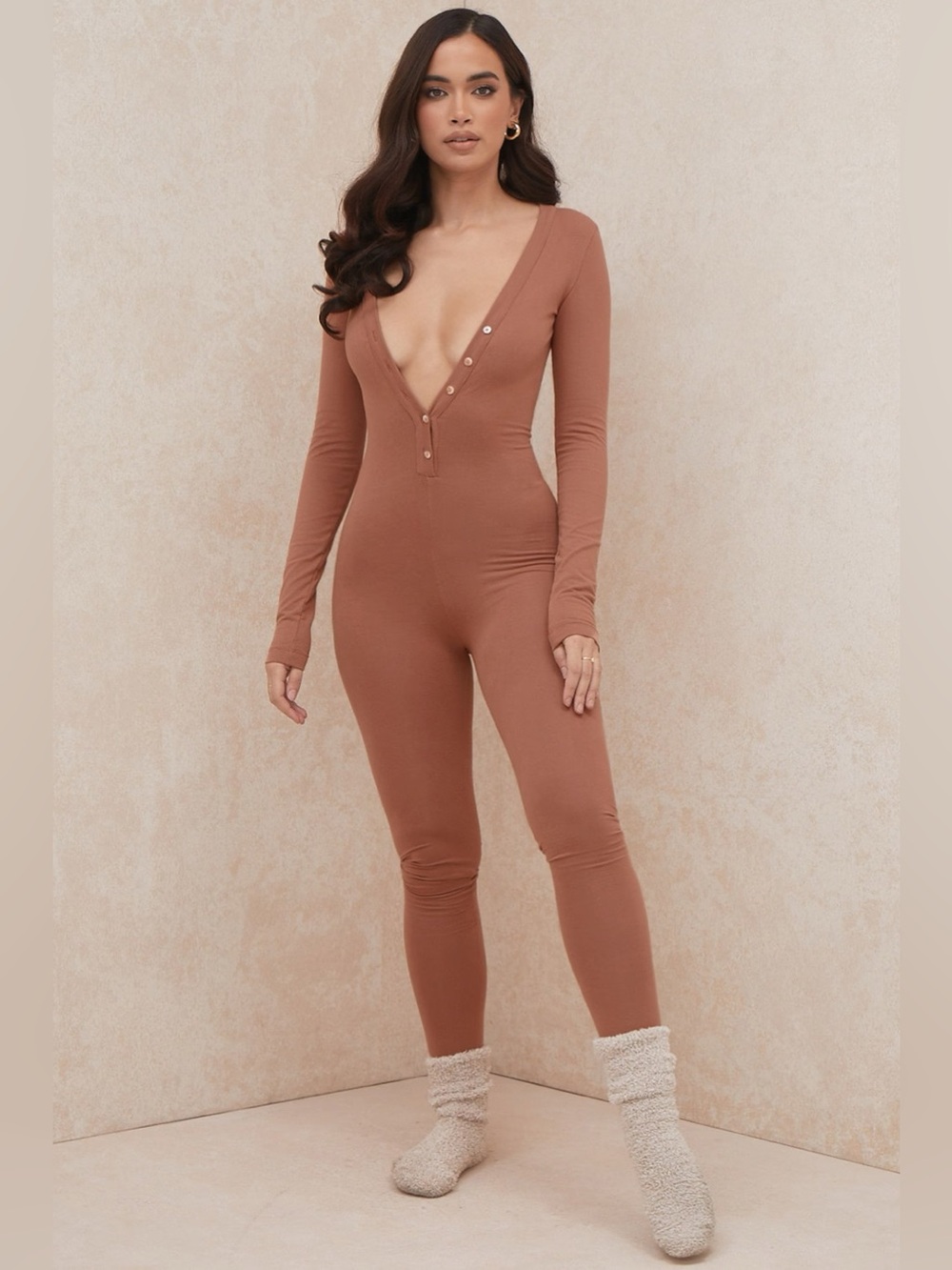 House of CB Women’s Norah Camel Jersey Long Sleeve Jumpsuit size medium